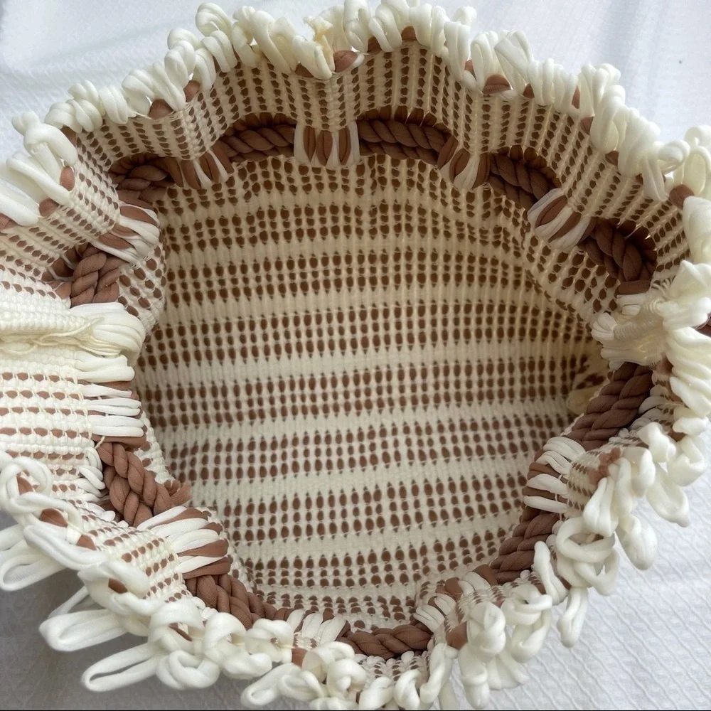 Handmade Stripe Crochet Pouch Cream Beige Tan Brown Pull‎ String Closure Sac Bag